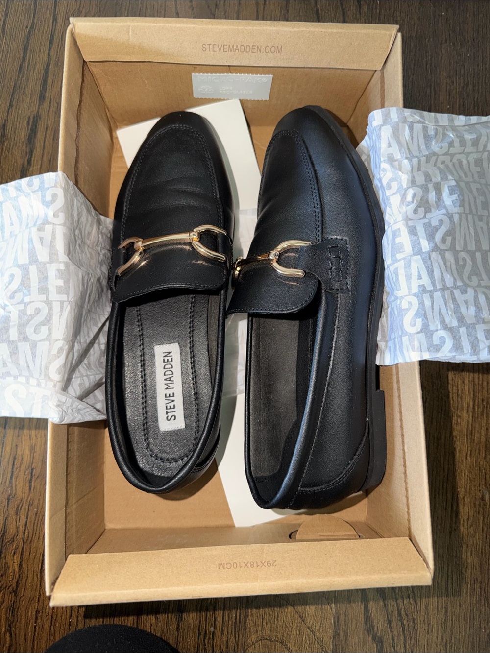 Steve Madden Black Leather Loafers with Gold Bit Detail